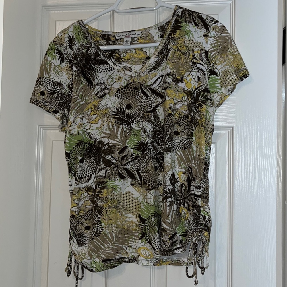 French Laundry Women’s Abstract Floral Print T-Shirt Sz Large Petite Ruching